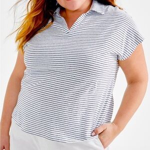 Women's Linen Cotton Black White Stripe Nautical Vacation Polo Top sz  2X NWT
